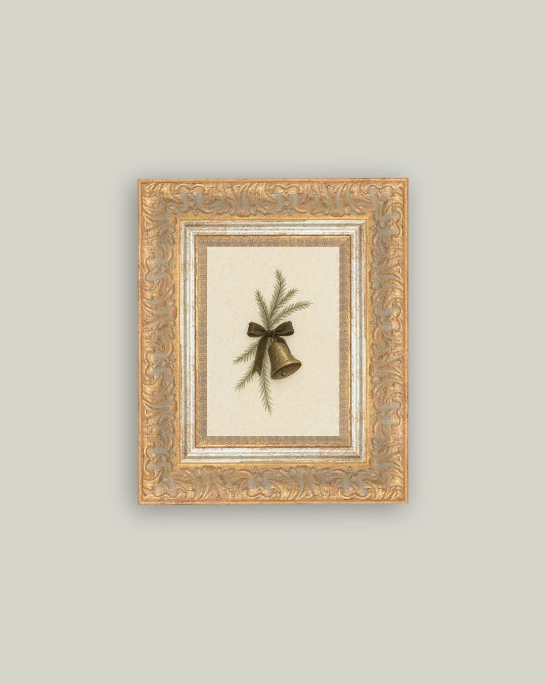 Bell with Pine Framed Antique Art: 10x12