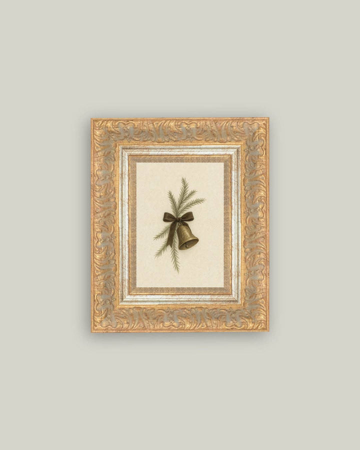 Bell with Pine Framed Antique Art: 10x12