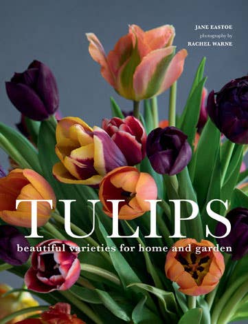 Book cover of 'Tulips' with colorful tulips and text by Jane Eastoe and Rachel Warne.