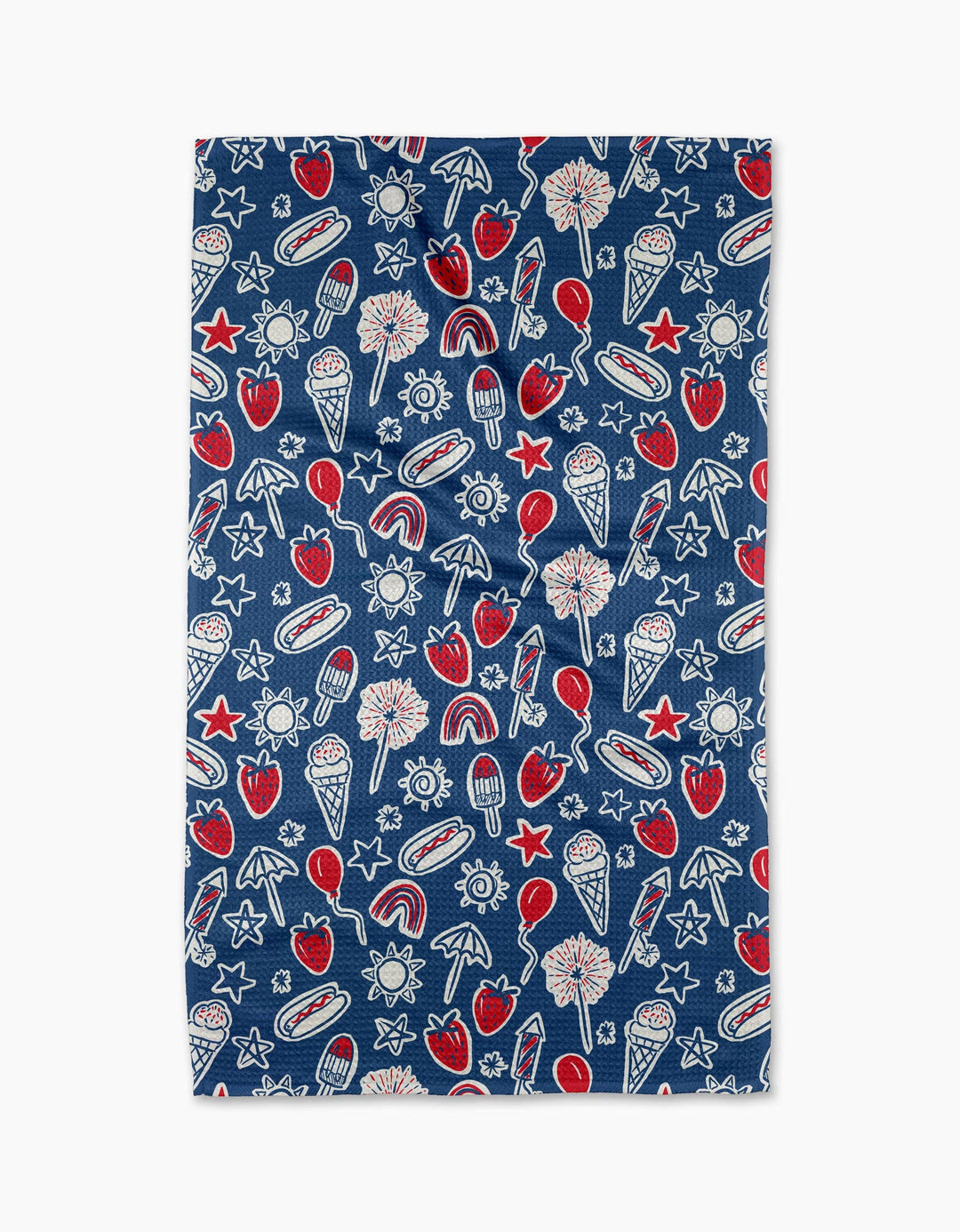 Festive patterned geometry towel with red, white, and blue designs on a blue background