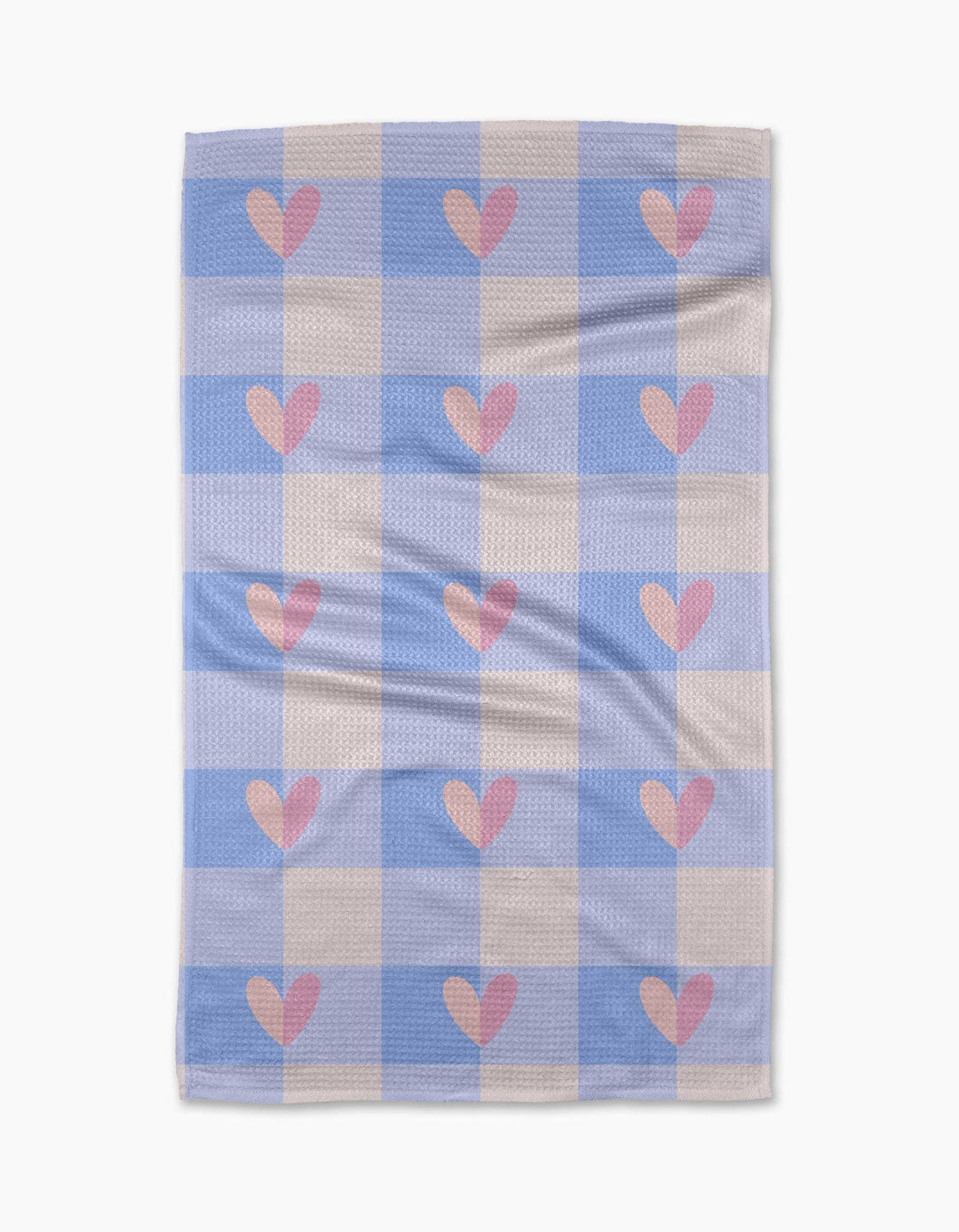 Checkered towel with pink hearts on a white background