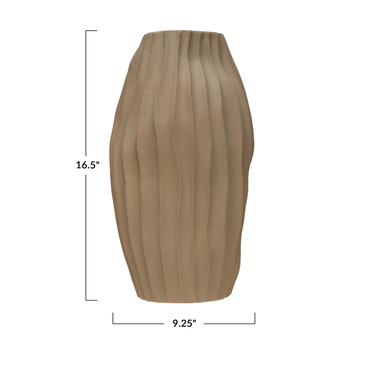 Beige ribbed vase with measurements on a white background