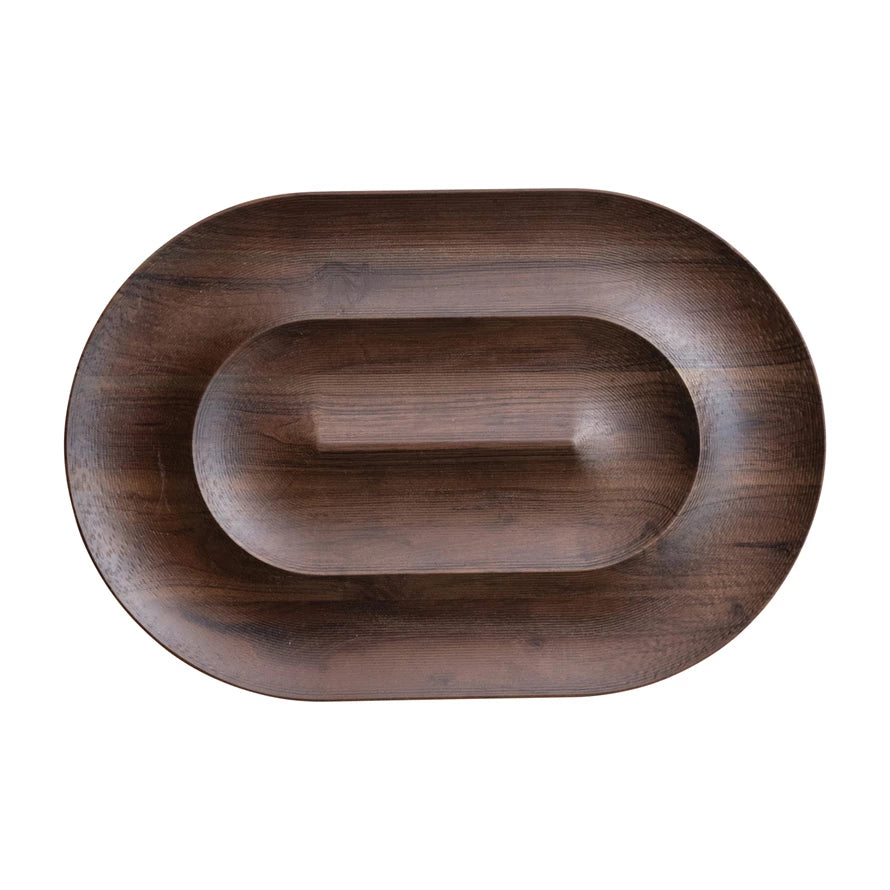 oval wooden tray serving dish with divots 