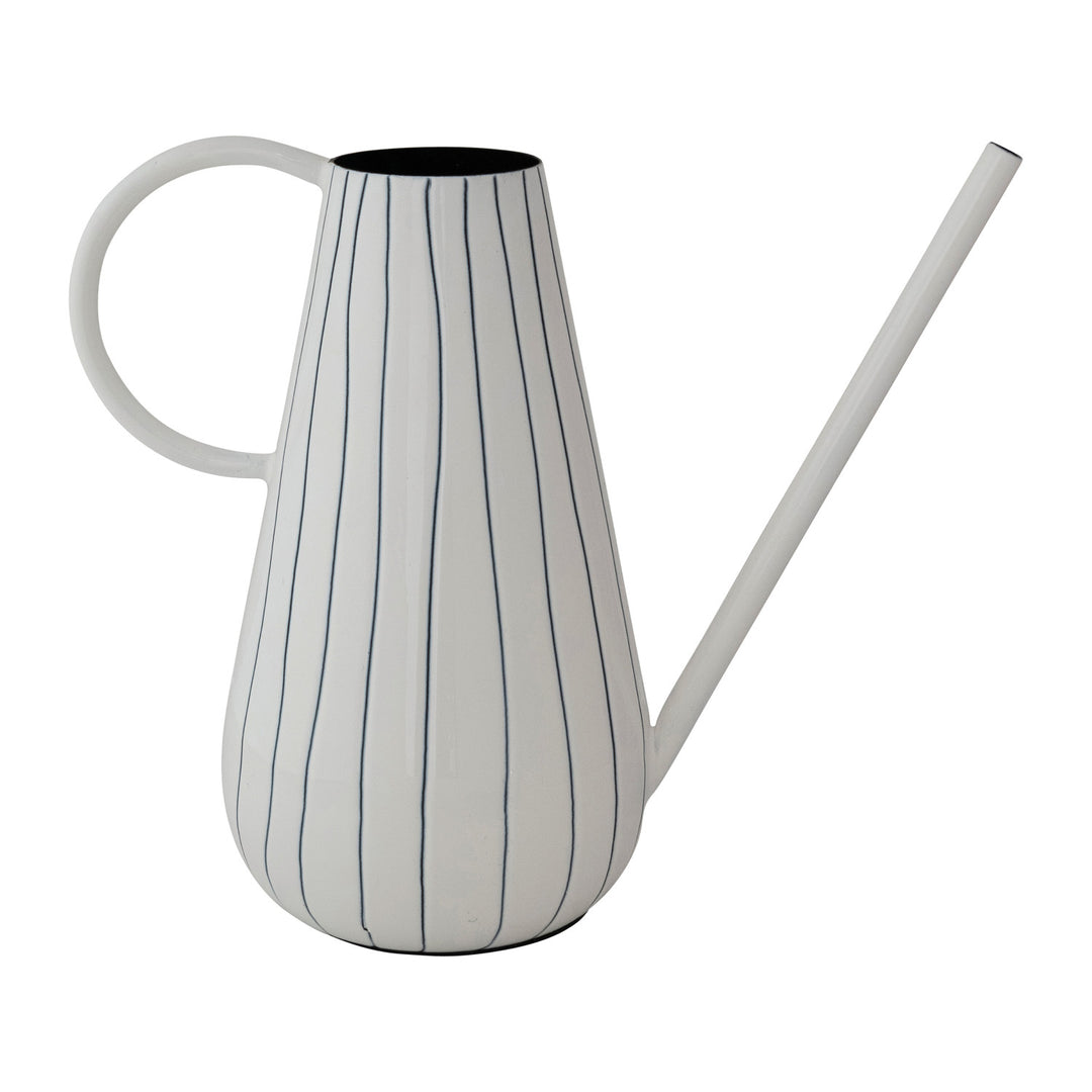 White ceramic watering can with blue stripes