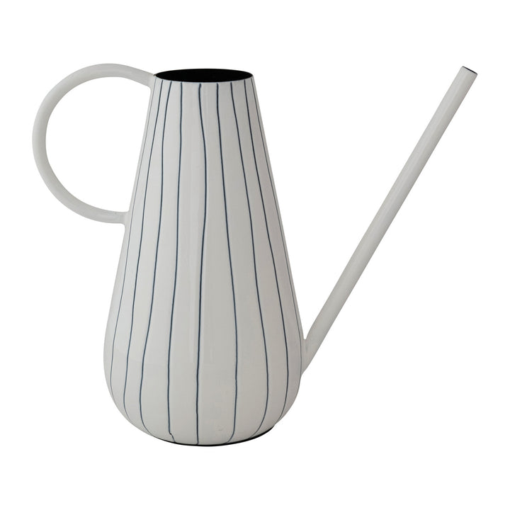 White ceramic watering can with blue stripes
