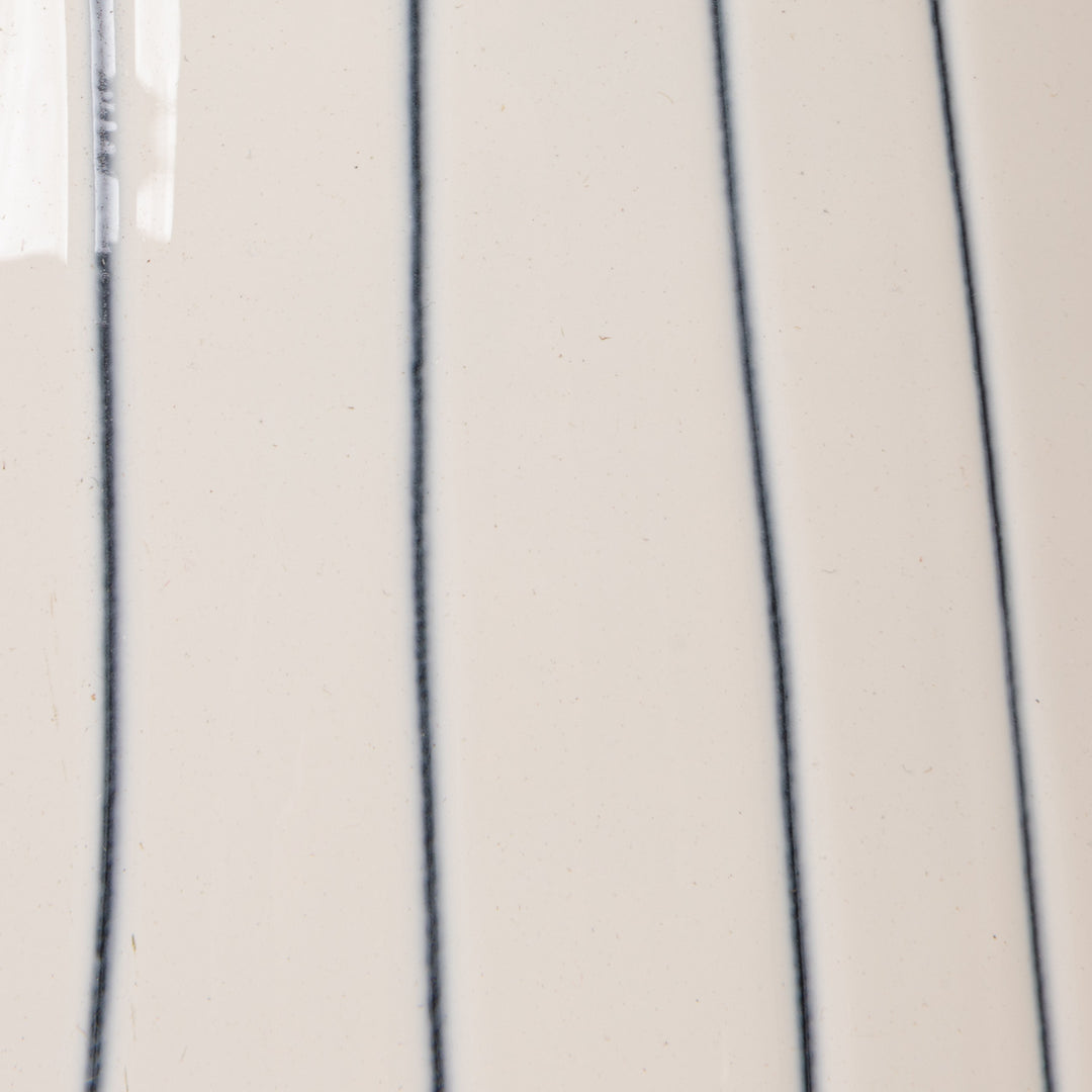 White ceramic watering can with blue stripes