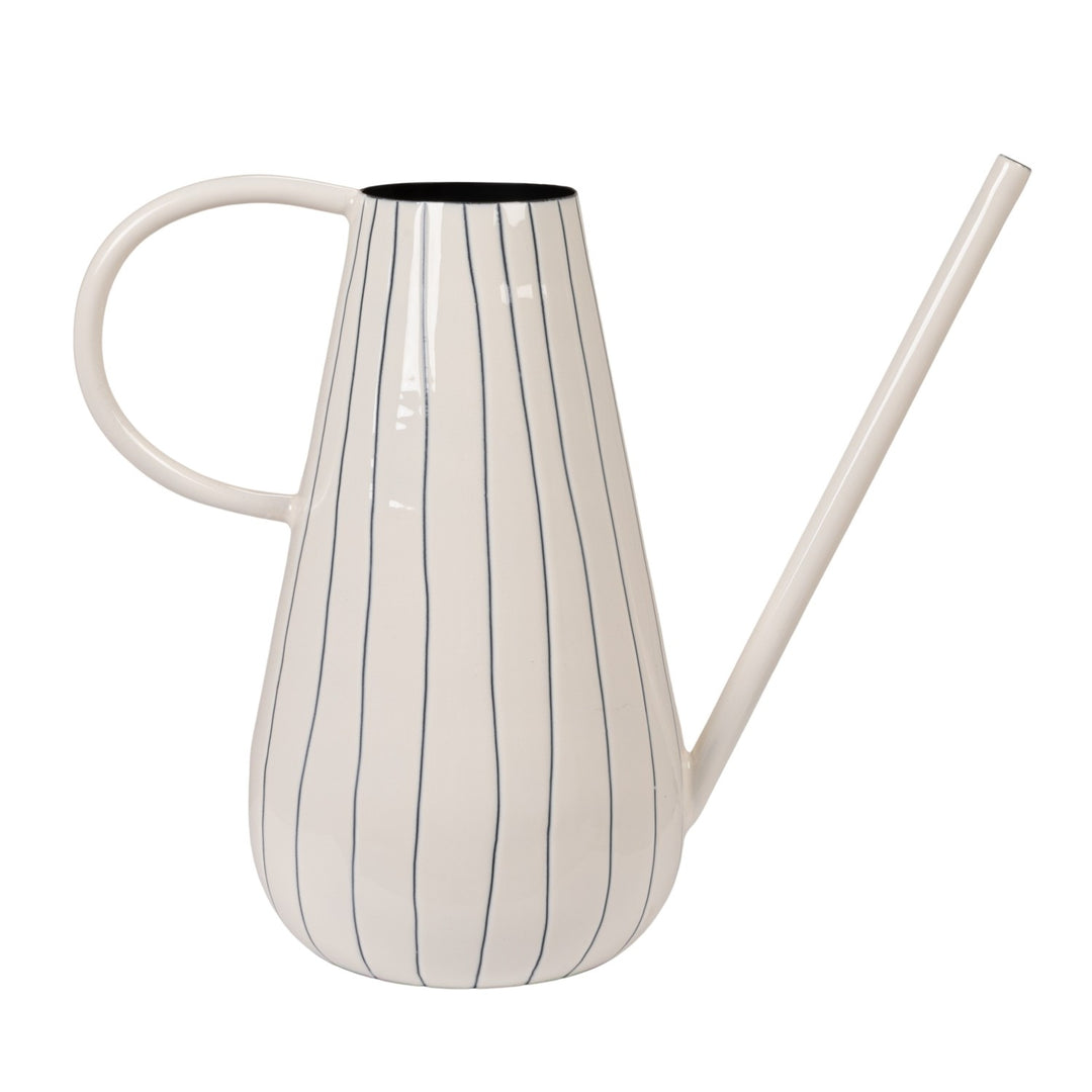 White ceramic watering can with blue stripes