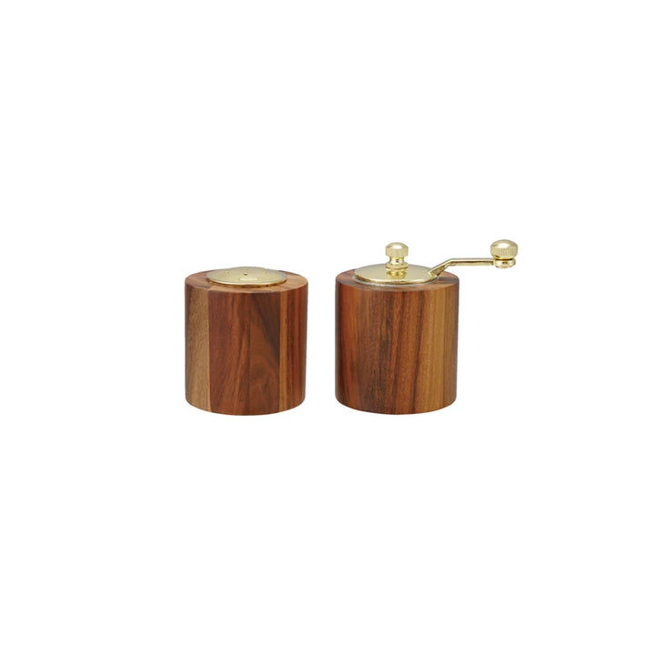 acacia wood and gold finished salt and pepper mills 