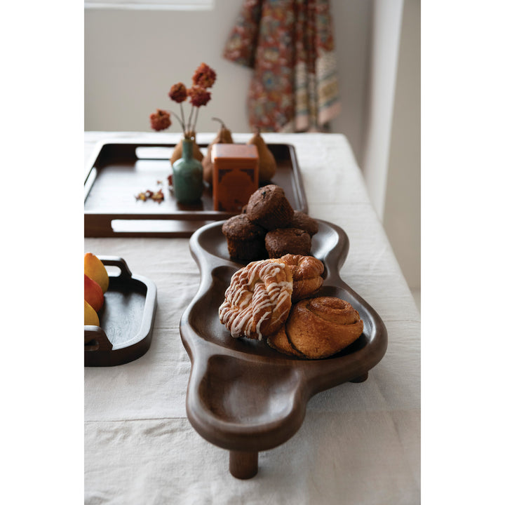 Mango Wood Organic Shaped Footed Serving Tray with 3 Sections