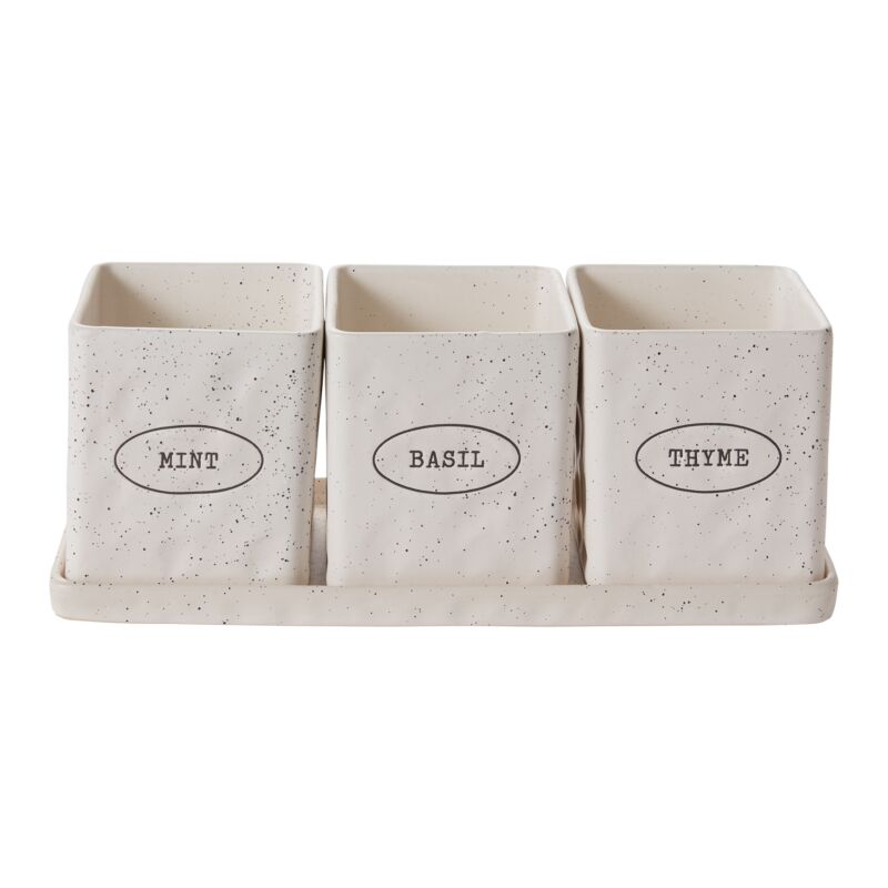 Set of three speckled ceramic containers labeled 'Mint', 'Basil', and 'Thyme' on a white background.