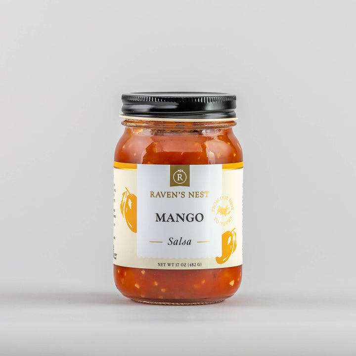 Jar of Mango Salsa with 'Raven's Nest' label on a gray background