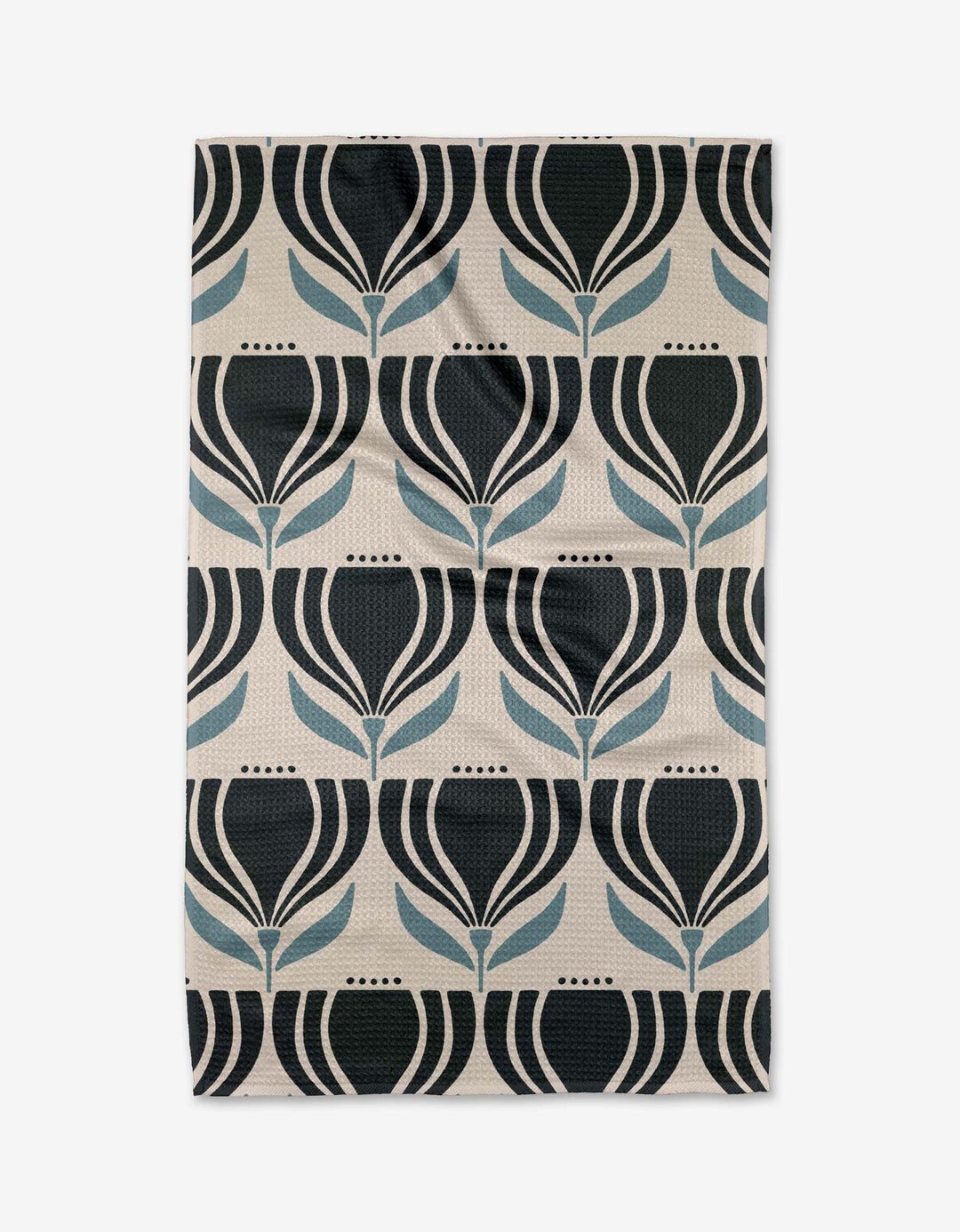 Patterned geometry towel with black and blue floral design on a beige background