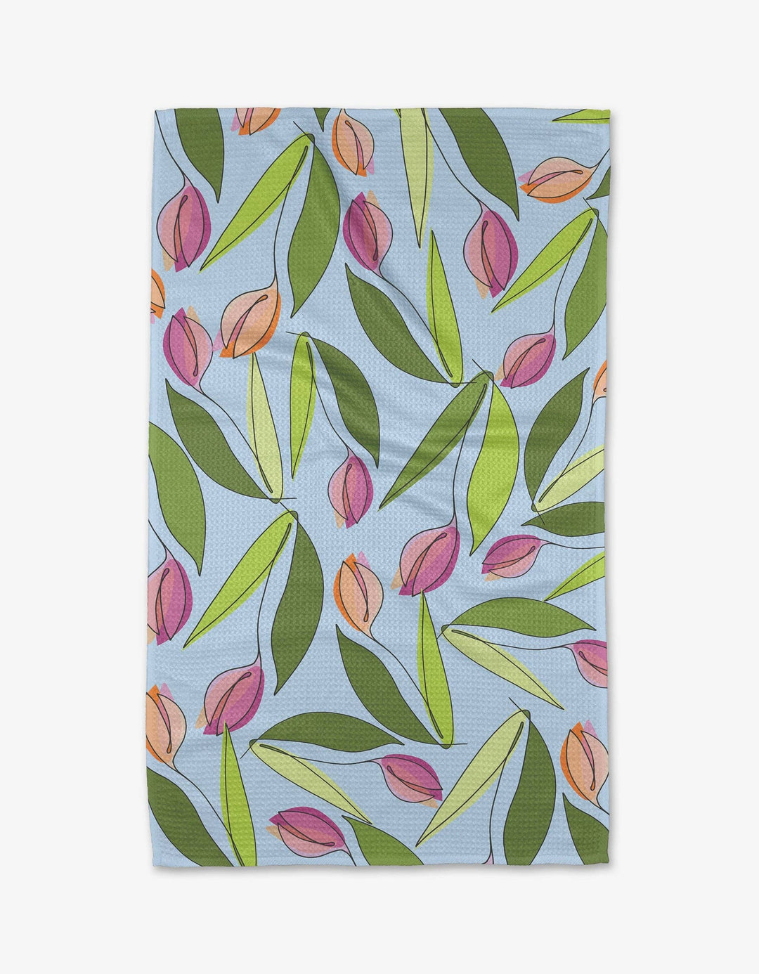 Tulip patterned towel with pink and green leaves on a blue background