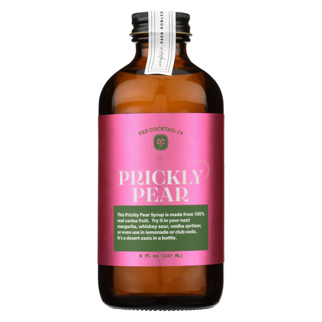 Bottle of Prickly Pear syrup with a pink label on a white background