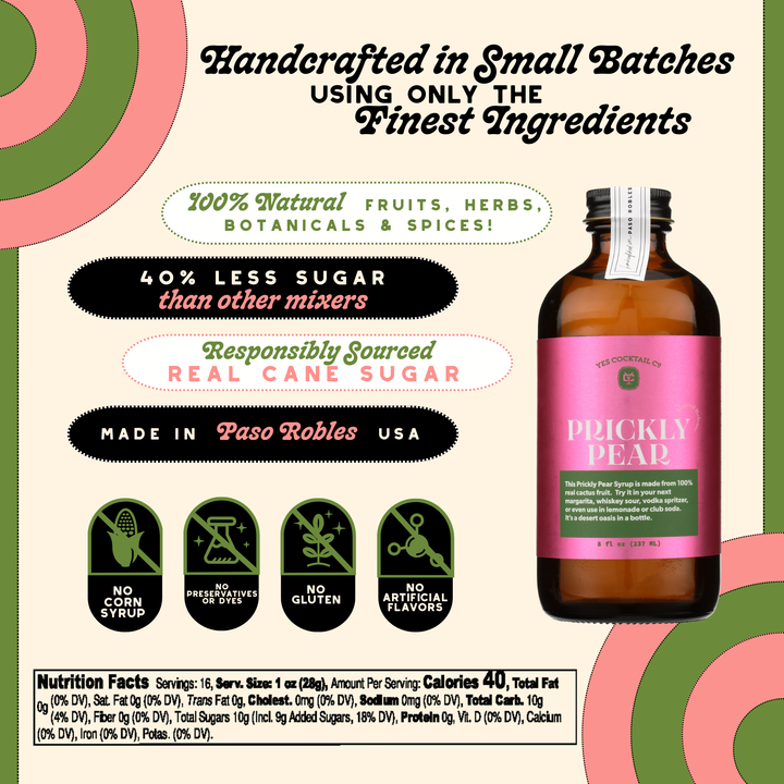 Bottle of Prickly Pear syrup with product information on a colorful background