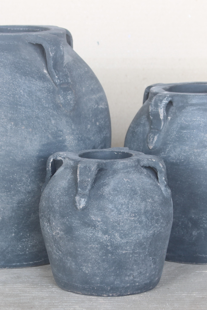 black washed terracotta vases in three sizes with handles