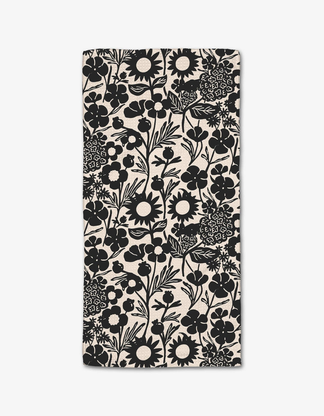 Floral patterned geometry bar towel with black flowers on a white background