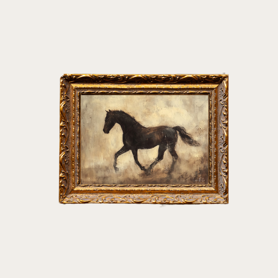 Framed painting of a horse on a beige background