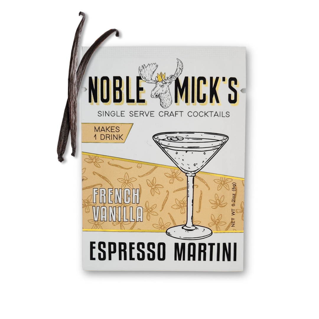 Noble Mick's French Vanilla Espresso Martini cocktail package with vanilla bean on a white background