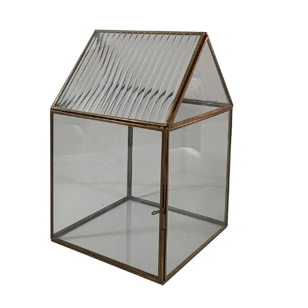 Glass terrarium with metal frame on a white background