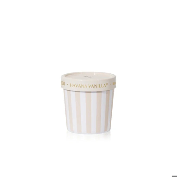 Ice cream inspired candle vessel with 'Havana Vanilla' text on a white background