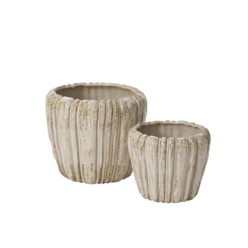 Two decorative pots with a textured surface on a white background