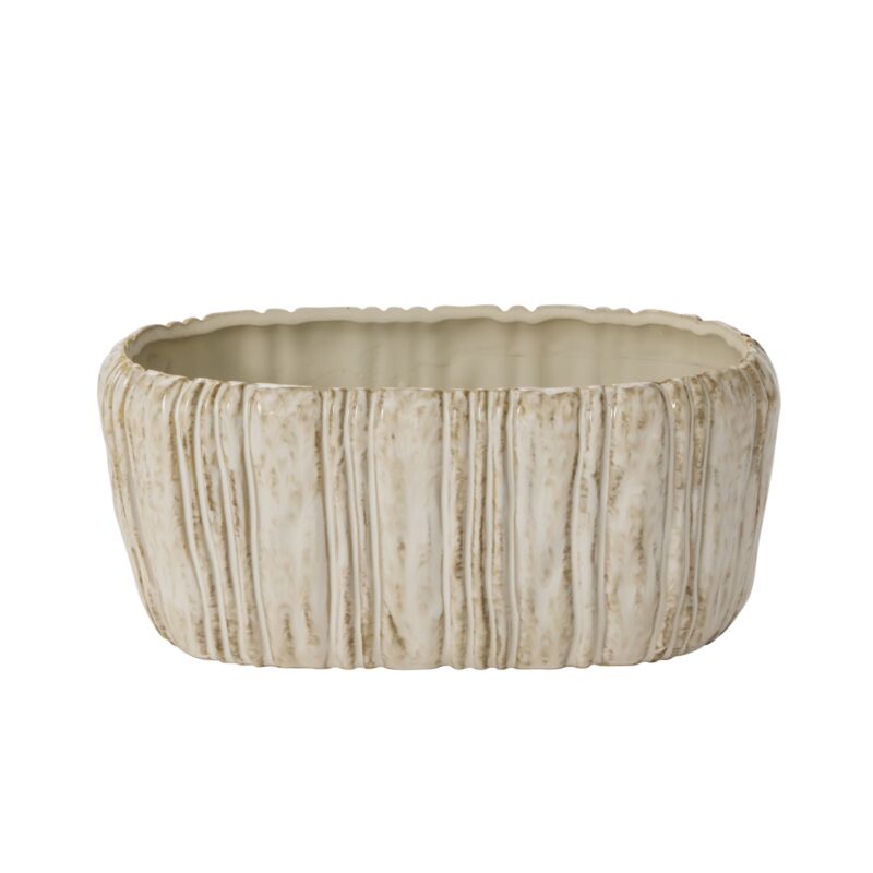 Beige ceramic planter with textured surface on a white background