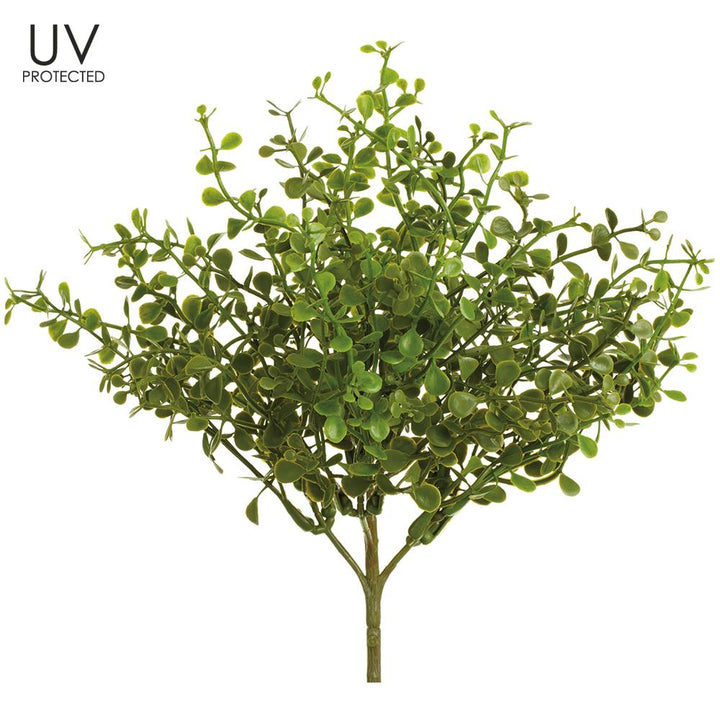 Artificial green bush with UV protection label on a white background