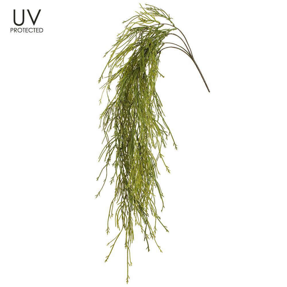 Artificial green hanging branch with UV protection label on a white background