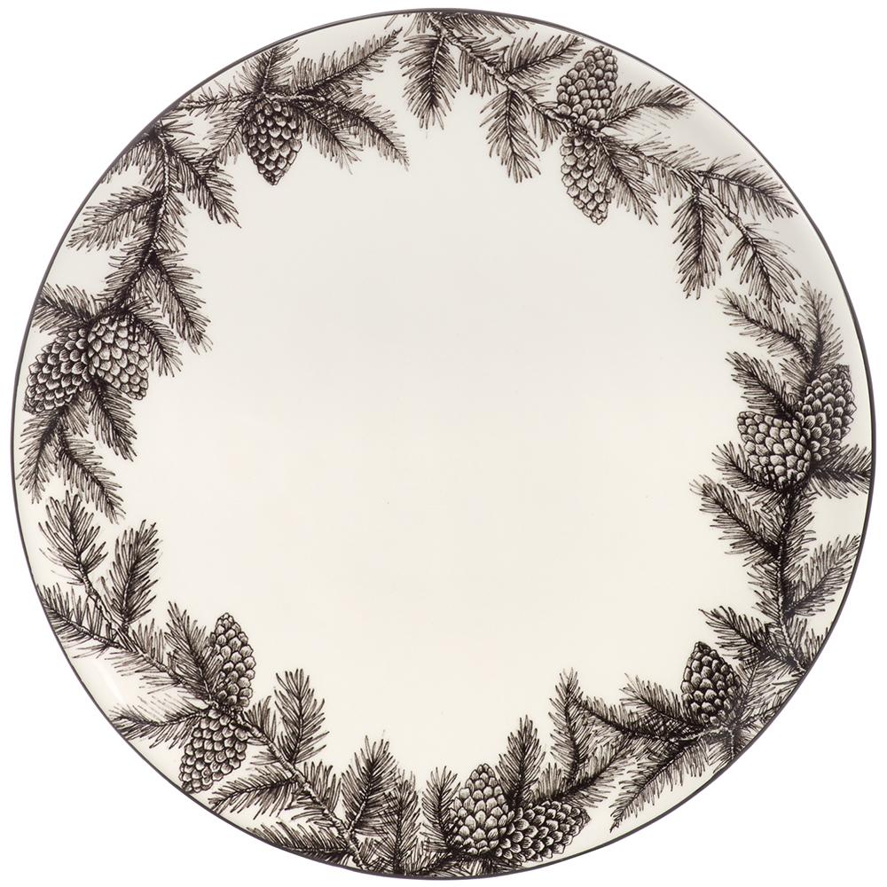 Round plate with black pine branch and pine cone border design