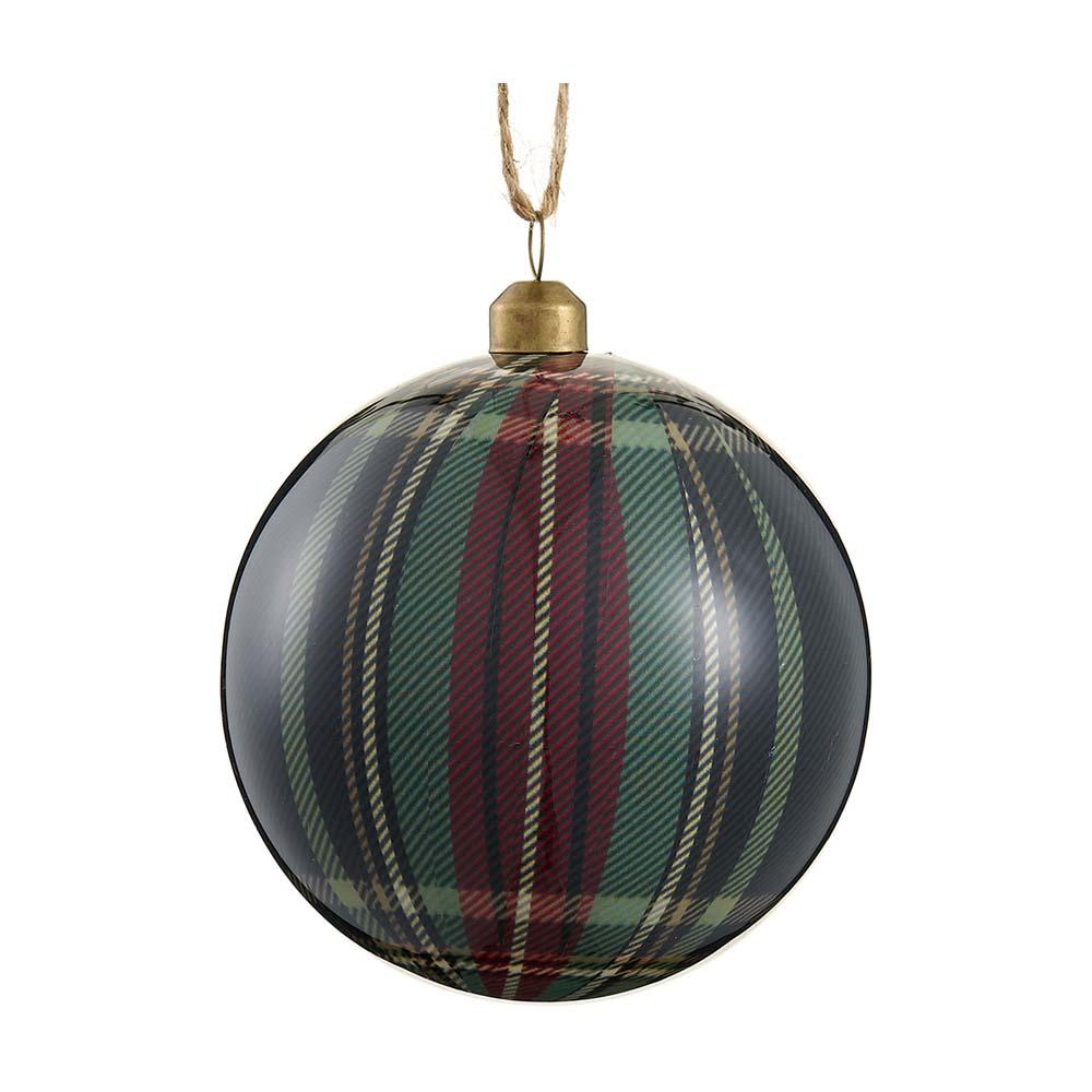 Plaid-patterned Christmas ornament with a gold cap