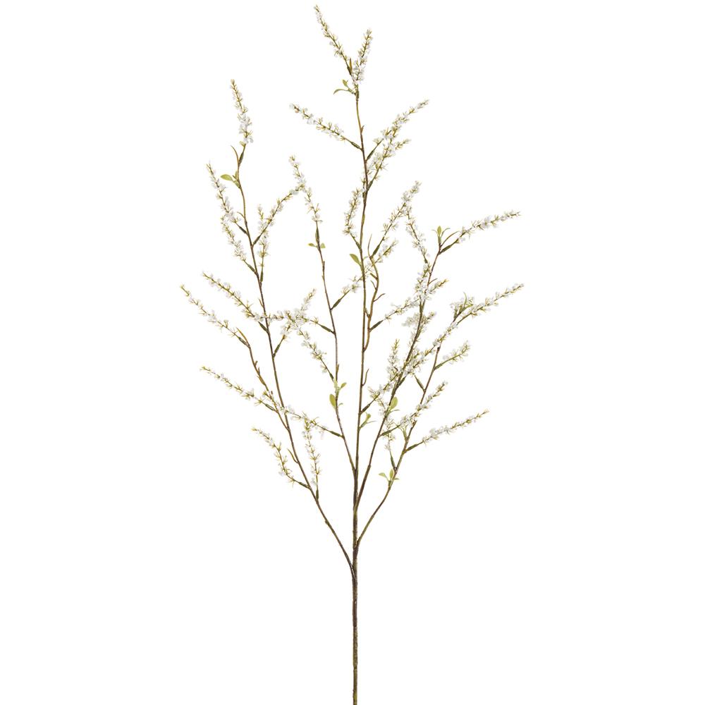 Artificial plant branch with small white buds and leaves on a white background