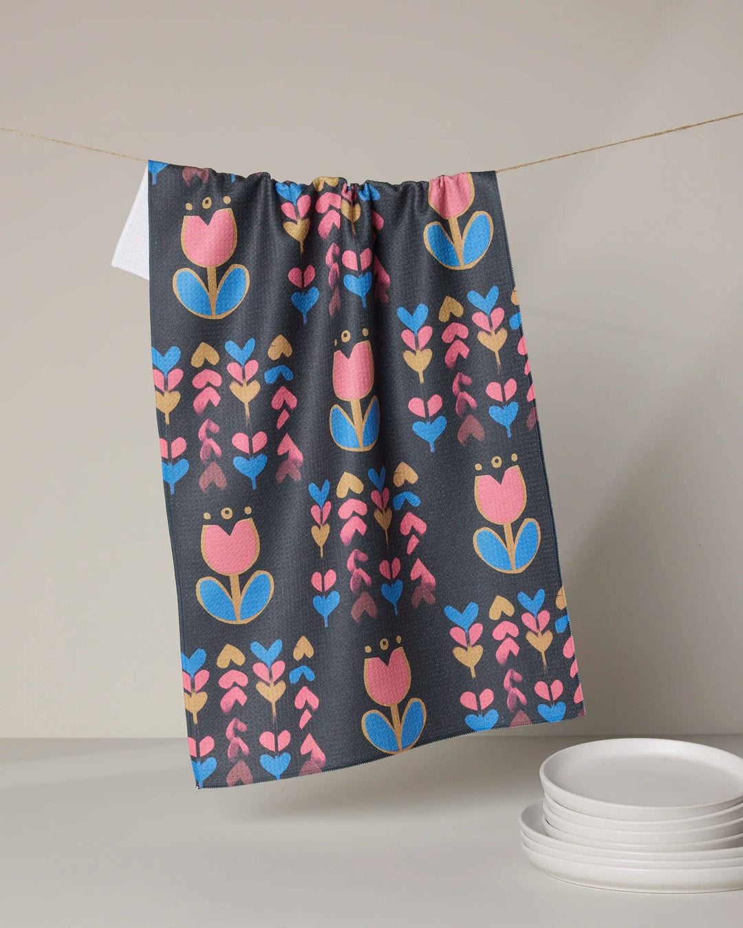 Black kitchen towel with colorful tulips