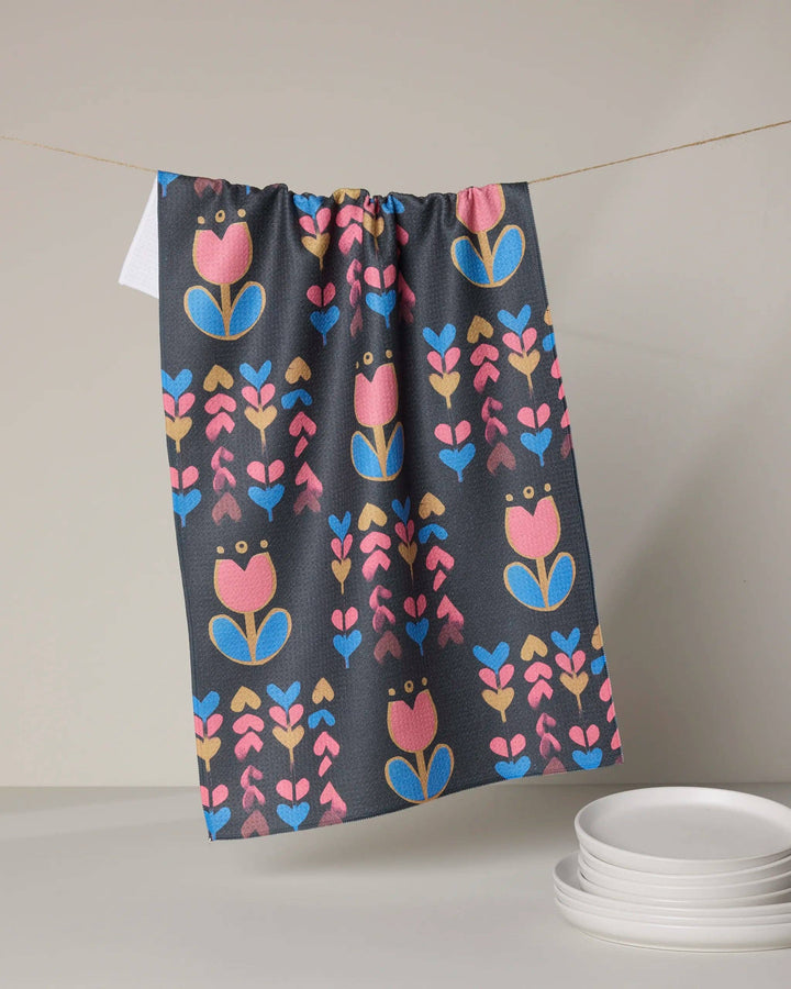 Black kitchen towel with colorful tulips