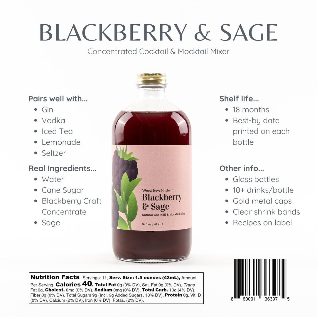 Blackberry & Sage cocktail mixer bottle with label and product information on a white background