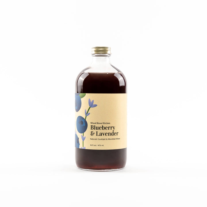 Bottle of Blueberry & Lavender syrup with a label 