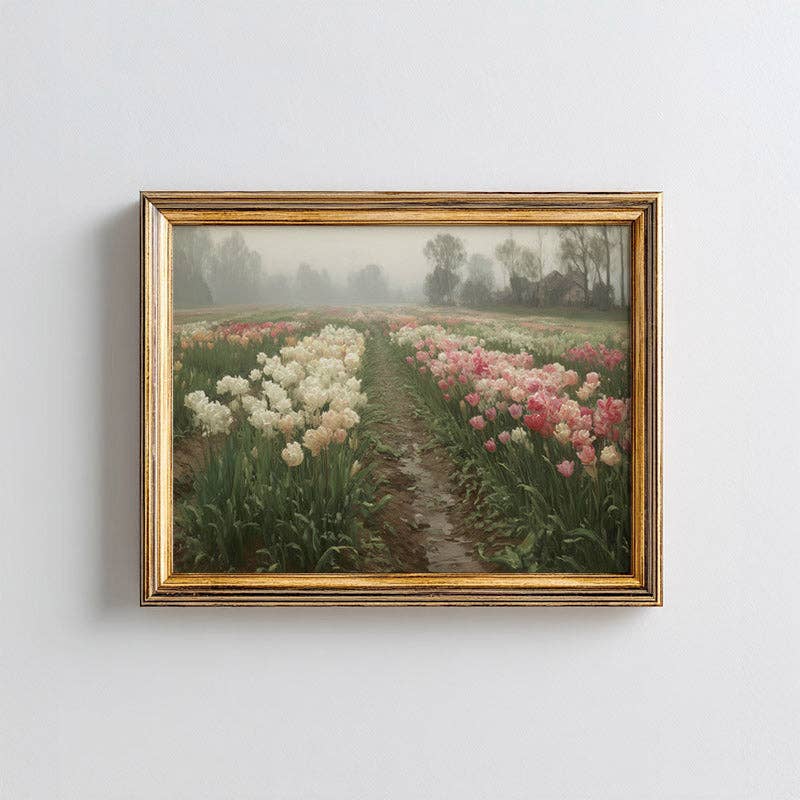Framed painting of a field of flowers on a light gray wall