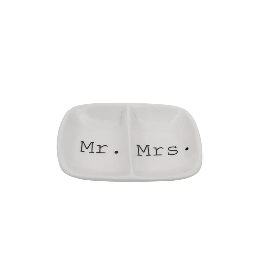 White ceramic dish with 'Mr. Mrs.' text on a white background