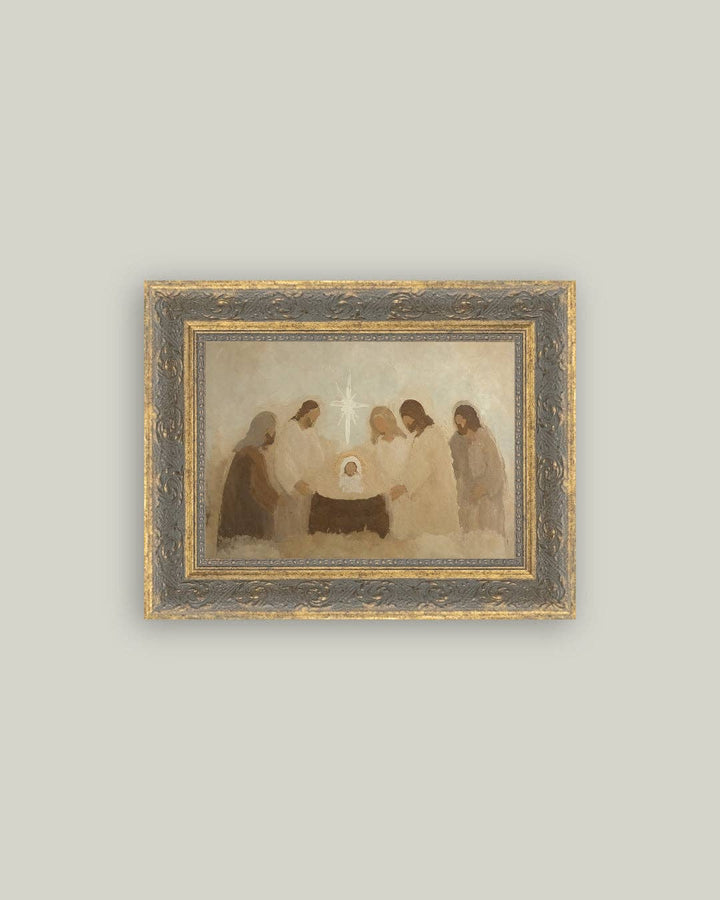 framed artwork of the nativity with star in the center