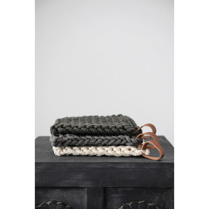 Crocheted Pot Holders in charcoal, gray, and cream 
