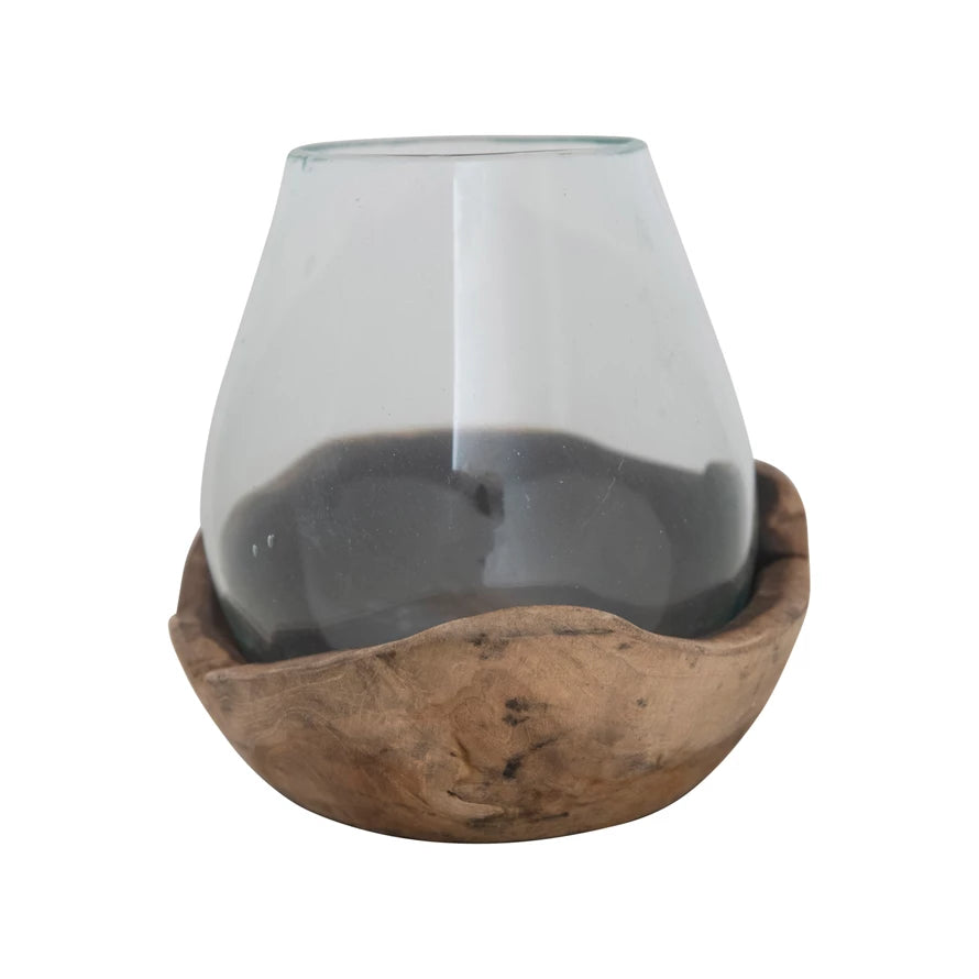 Glass Vase/Approximately 7" Round x 8-1/2"H Glass Candle Holder/Terrarium on Natural Wood Base (Each One Will Vary) on Natural Wood Base