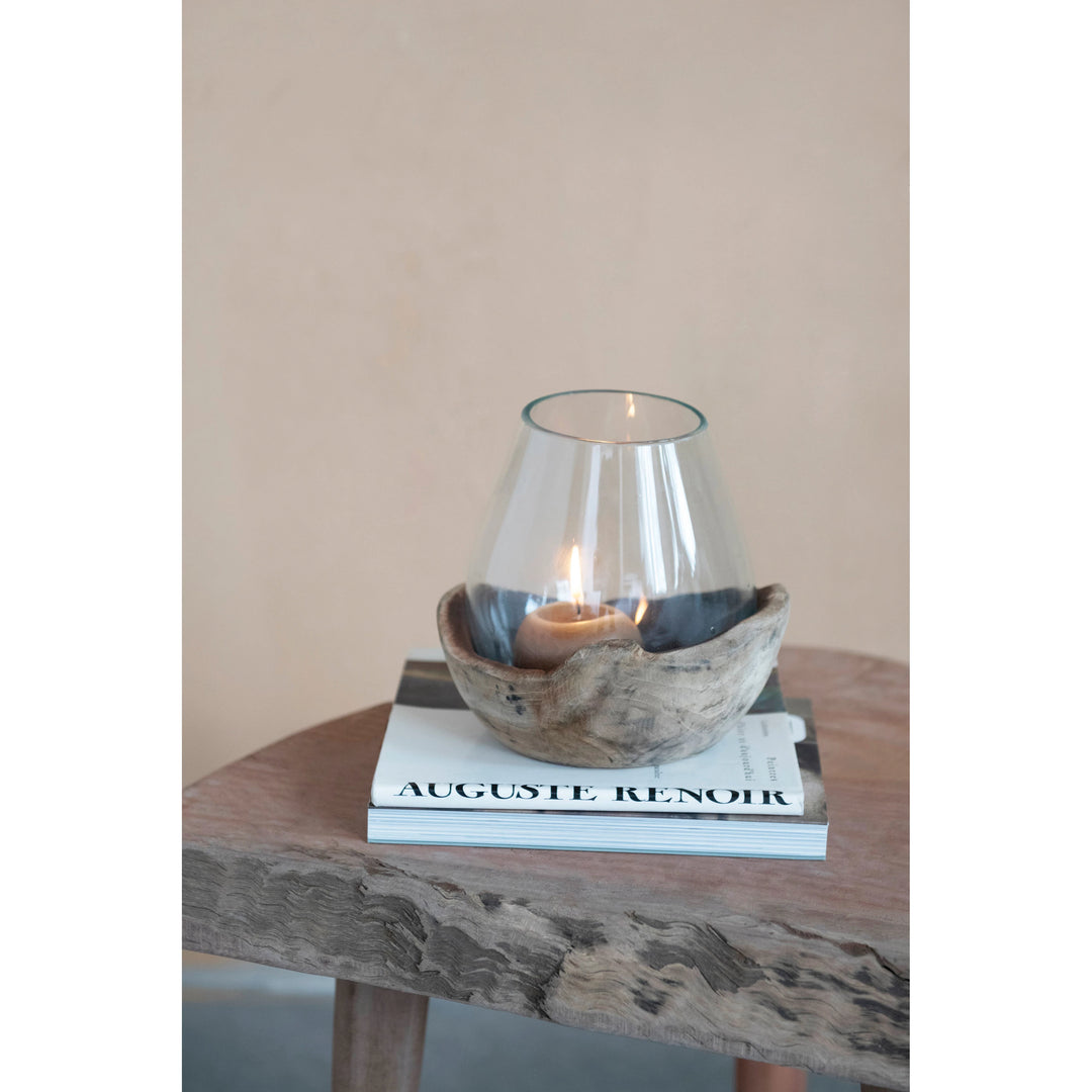 Glass Vase/Approximately 7" Round x 8-1/2"H Glass Candle Holder/Terrarium on Natural Wood Base (Each One Will Vary) on Natural Wood Base