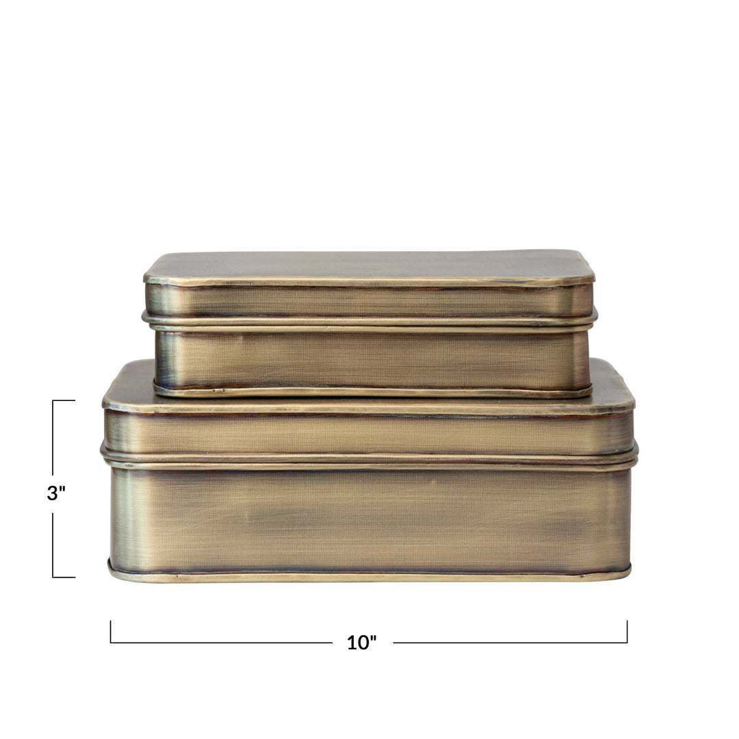Set of two brass-colored rectangular boxes with dimensions on a white background