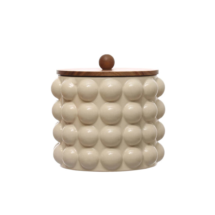 Stoneware Canister w/ Raised Dots & Acacia Wood Lid & Natural
