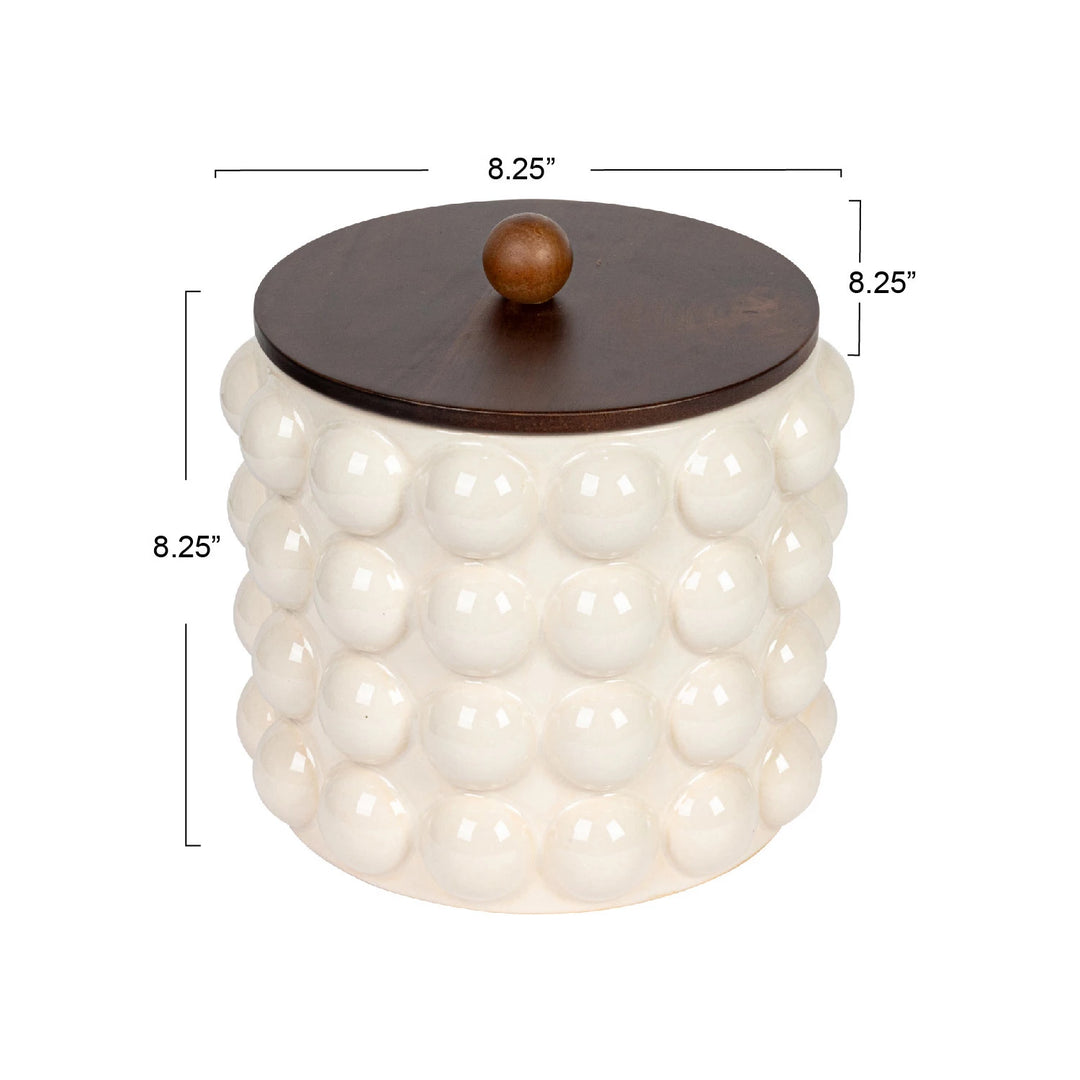 Stoneware Canister w/ Raised Dots & Acacia Wood Lid & Natural