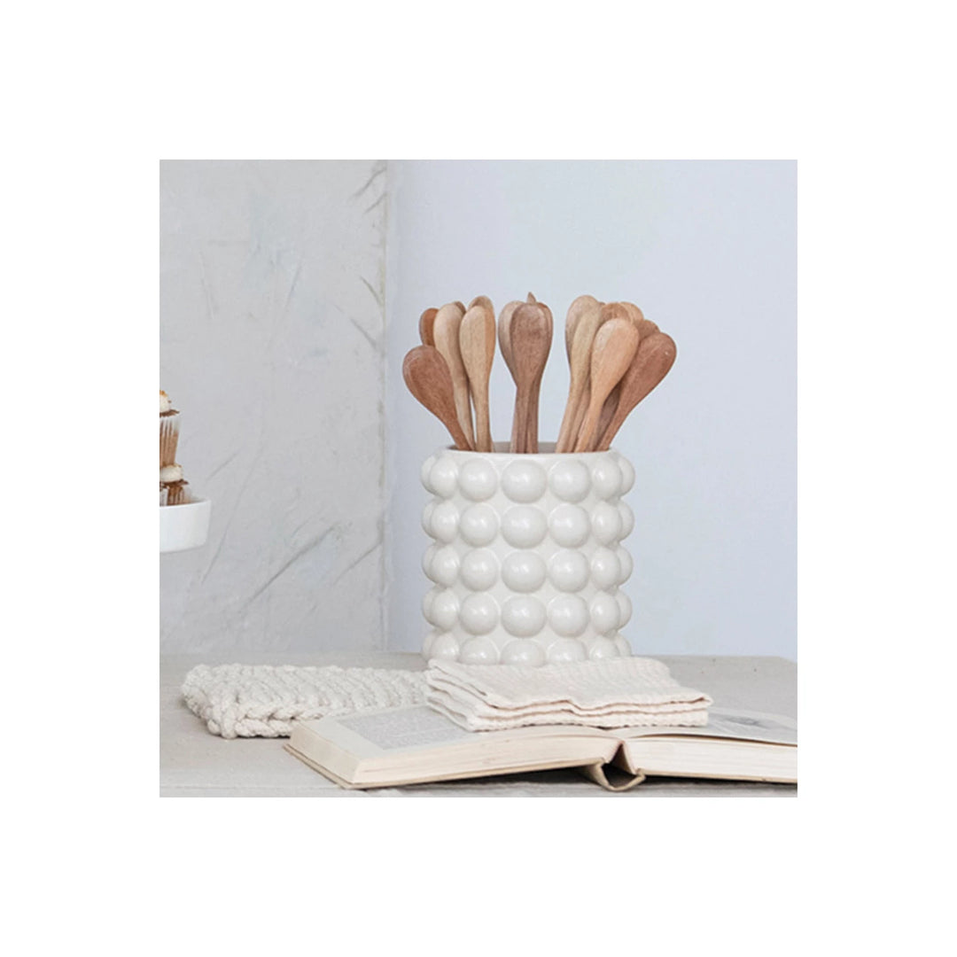 Stoneware Canister w/ Raised Dots & Acacia Wood Lid & Natural
