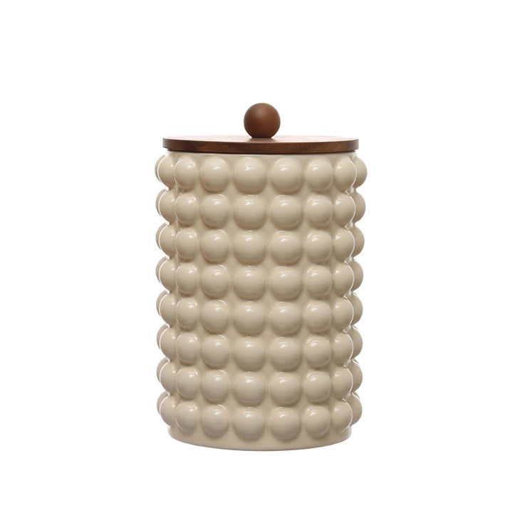 Stoneware Canister w/ Raised Dots & Acacia Wood Lid & Natural