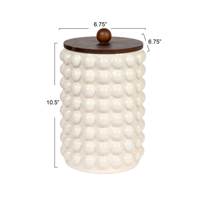 Stoneware Canister w/ Raised Dots & Acacia Wood Lid & Natural