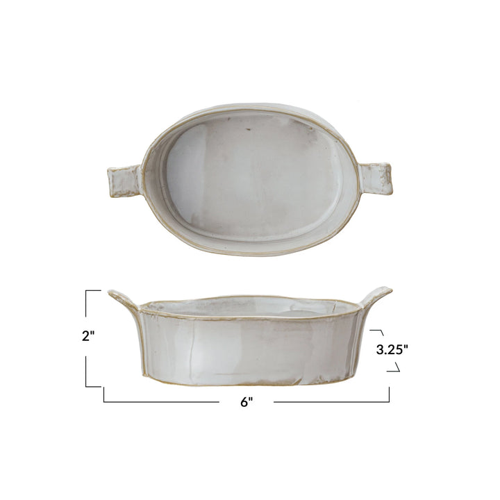 Two ceramic bowls with handles and dimensions on a white background