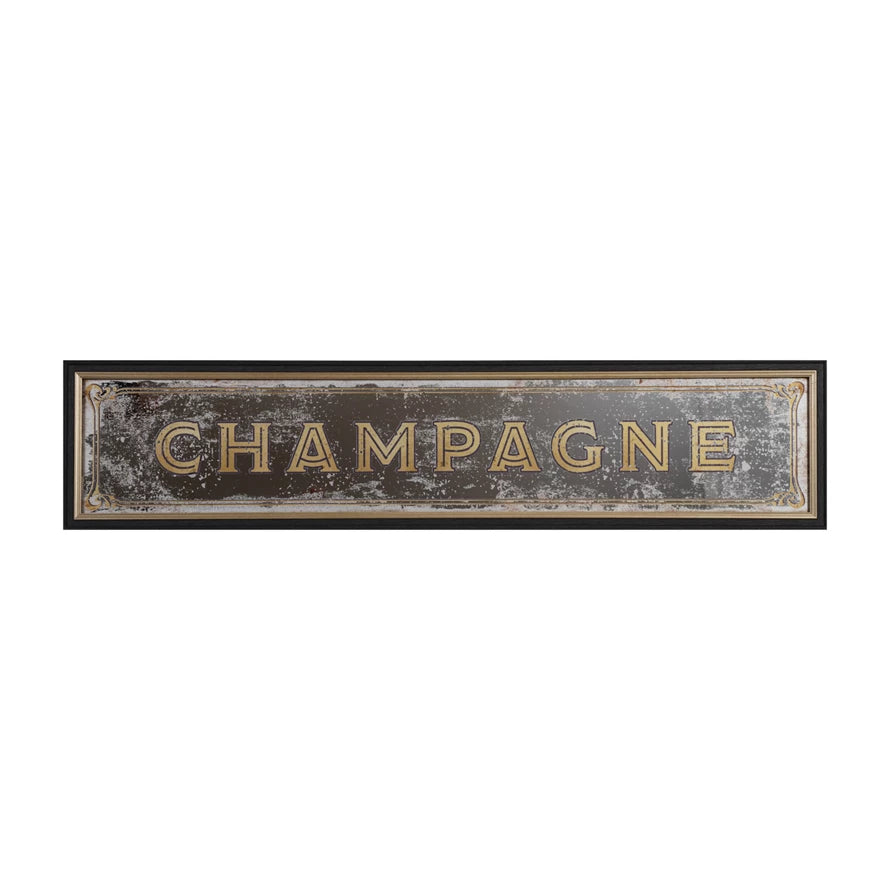 Decorative mirror sign with 'CHAMPAGNE' text on a white background 